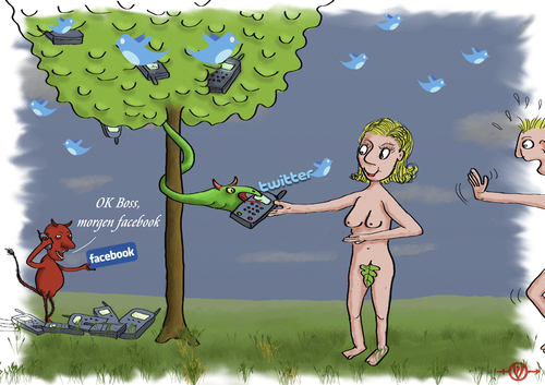 Cartoon: Temptation facebook (medium) by PuzzleVisions tagged facebook,twitter,devil,datenschutz,versuchung,temptation,communication,kommunikation,eva,eve,mobile,phone,handy,kontakt,telefon