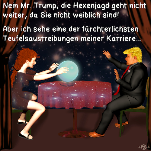Cartoon: Trump und die Hexenjagd (medium) by PuzzleVisions tagged puzzlevisions,trump,donald,hexenjagd,witch,hunt,teufelsaustreibung,exorcism,wahrsager,fortune,teller