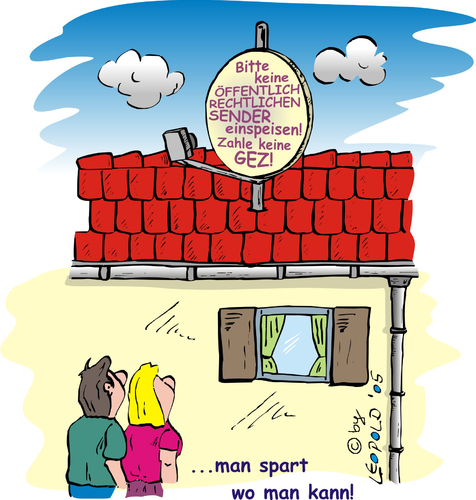 Cartoon: GEZ (medium) by Leopold tagged zdf,ard,rechtliche,öffentlich,dach,haus,schüssel,satanlage,ehepaar,gebühren,gez