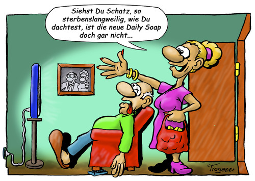 Cartoon: Interessantes Programm (medium) by Troganer tagged tv,fernsehprogramm,serie,ehe,beziehung