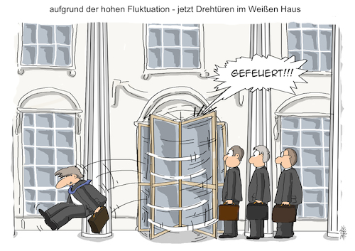 Cartoon: Drehtüren (medium) by pierre-cda tagged trump,donald,rex,tillerson,außenminister,usa,white,house,weißes,haus,gefeuert,personalwechsel,präsident,vereinigte,staaten,us