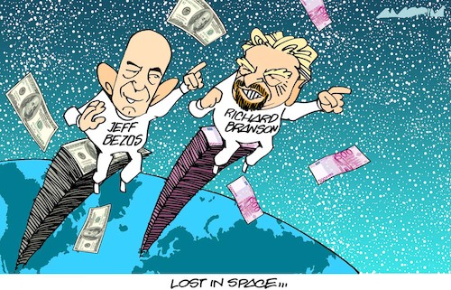 Cartoon: Bezos and Branson (medium) by Amorim tagged jeff,bezos,richard,branson,space,race,jeff,bezos,richard,branson,space,race