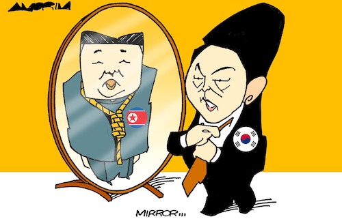 Cartoon: Koreas (medium) by Amorim tagged north,korea,south,kim,jong,un,yoon,suk,yeol,north,korea,south,kim,jong,un,yoon,suk,yeol