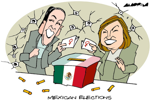 Cartoon: Mexican election (medium) by Amorim tagged mexico,claudia,sheinbaum,xochitl,galvez,mexico,claudia,sheinbaum,xochitl,galvez