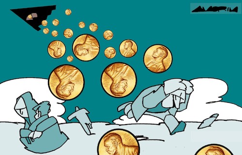 Cartoon: Nobel Prize for War (medium) by Amorim tagged trump,netanyahu,alikhamenei,trump,netanyahu,alikhamenei