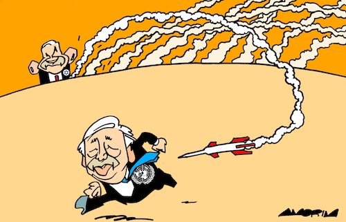 Cartoon: Persona non grata (medium) by Amorim tagged netanyahu,antonio,guterrez,united,nations,netanyahu,antonio,guterrez,united,nations