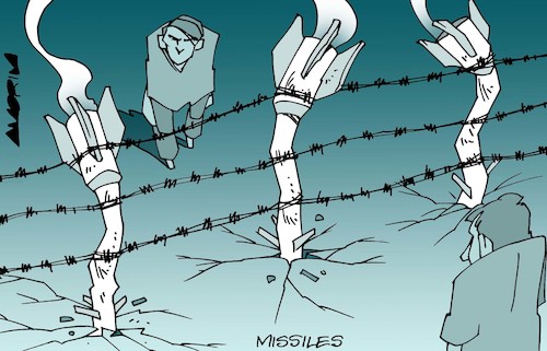 Cartoon: Wire fences (medium) by Amorim tagged israel,palestine,missiles