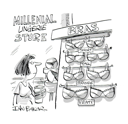 Cartoon: Bra sizes (medium) by Ian Baker tagged coffee,size,sizes,bra,bras,lingerie,underwear,girl,millenial,ian,baker,cartoon,magazine,gag,shop,boobs