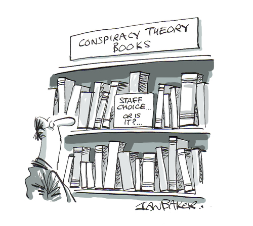Cartoon: Conspiracy Theory (medium) by Ian Baker tagged library,books,book,shop,shopper,literary,shelves,cartoon,ian,baker,conspiracy,theory,staff,selection,signs,gag