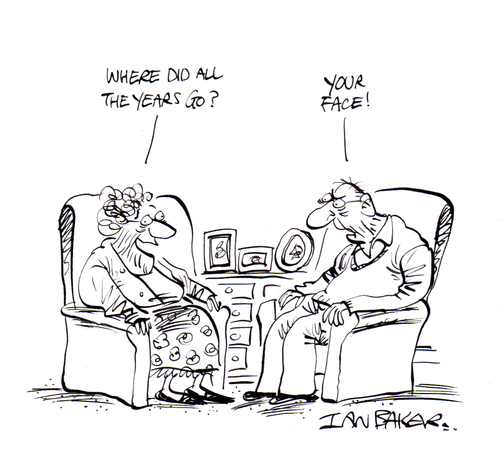 Cartoon: Getting old (medium) by Ian Baker tagged ian,baker,gag,cartoon,humour,comedy,satire,private,eye,couple,old,age,ageing,argument,looks,face,sitting,chairs
