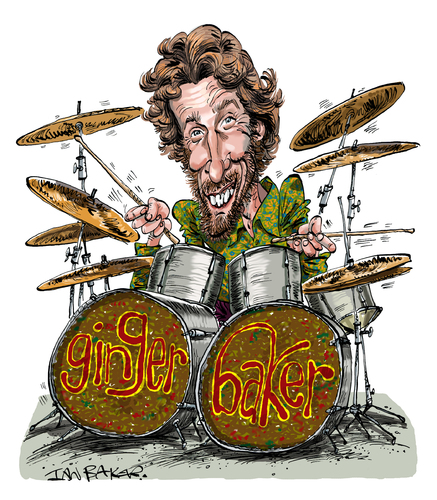 Cartoon: Ginger Baker (medium) by Ian Baker tagged ginger,baker,peter,edward,cream,drums,drummer,caricature,sixties,psychadelic,rock,music,eric,clapton,jack,bruce,musician