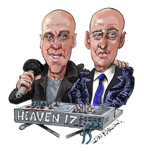 Cartoon: Heaven 17 (medium) by Ian Baker tagged heaven,17,music,pop,80s,electronic,synthesisers,martin,ware,glenn,gregory,ian,craig,marsh,temptation,band,english,uk,sheffield,baker,cartoon,caricature,parody,spoof,humour