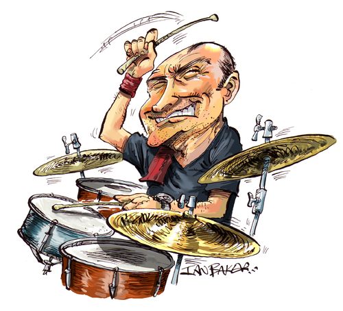 Cartoon: Phil Collins (medium) by Ian Baker tagged phil,collins,genesis,drummer,music,ian,baker,cartoons,cartoonist,caricature,rock,drums,singer