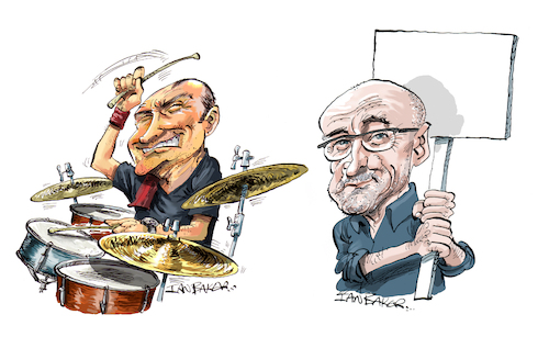 Cartoon: Phil Collins (medium) by Ian Baker tagged phil,collins,genesis,ageing,music,rock,drummer,drums,drumming,singer,british,ian,baker,cartoon,caricature,parody,satire,planet,crypto,80s,90s