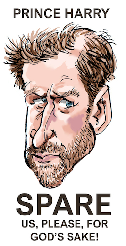 Cartoon: Prince Harry (medium) by Ian Baker tagged prince,harry,meghan,markle,royal,royals,england,usa,book,scandal,news,ian,baker,cartoon,caricature,spoof,parody,satire,spare,family