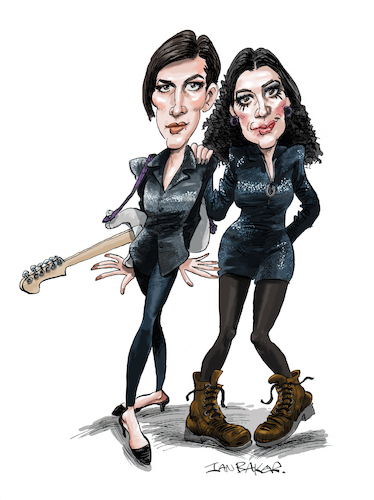Cartoon: Shakespears Sister (medium) by Ian Baker tagged shakespears,sister,pop,duo,90s,80s,stay,marcella,detroit,siobhan,fahey,gothic,music,ian,baker,cartoon,caricature,satire,parody,illustration,gag,humour,uk,usa,dave,stewart,bananarama,dont,care,guitar,fender,girls,women,rock,singers,deco