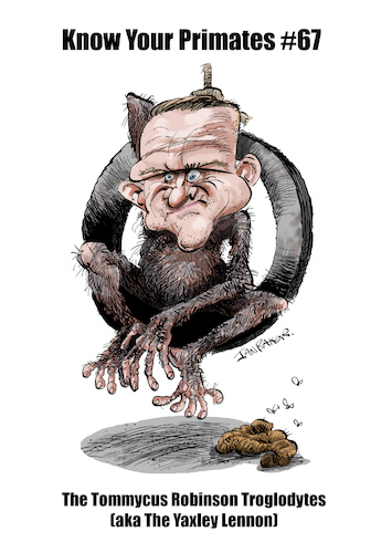 Cartoon: Tommy Robinson Primate (medium) by Ian Baker tagged tommy,robinson,stephen,yaxley,lennon,far,right,racist,fascist,criminal,felon,ape,chimpanzee,zoo,animal,hatred,politics,immigration,ian,baker,cartoon,caricature,satire,parody,spoof,illustration,news,topical,sinister