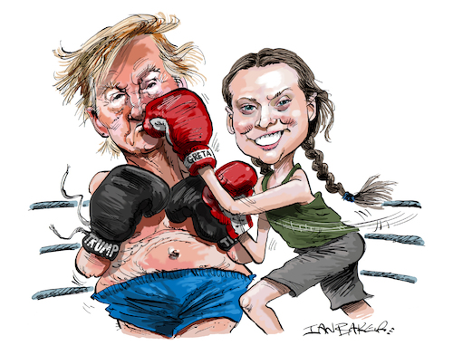 Cartoon: Trump v Greta (medium) by Ian Baker tagged donald,trump,greta,thunberg,climate,change,president,usa,boxing,fight,ian,baker,cartoon,illustration,activist,hit,magazine,news,politics