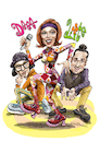 Cartoon: Deee Lite (small) by Ian Baker tagged deee,lite,ian,baker,cartoon,caricature,spoof,parody,satire,illustration,music,dance,nyc,groove,is,in,the,heart,lady,miss,kier,dj,towa,tei,dimitry,brill,bootsy,collins,psychedelic