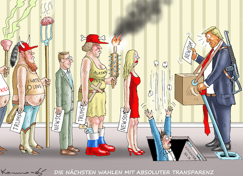 Cartoon: ABSULUTE TRANSPARENZ (medium) by marian kamensky tagged tarzan,gavin,newsom,wahlen,trump,tarzan,gavin,newsom,wahlen,trump