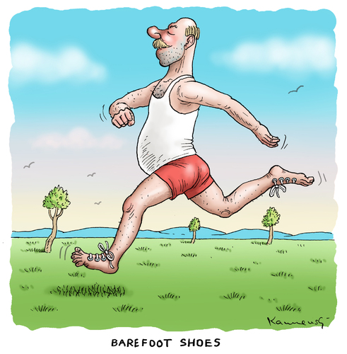 Cartoon: Barefoot shoes (medium) by marian kamensky tagged amerika,aus,trend,sport,shoes,barefoot,barfuss,schuhe,rennen,jogger,trend