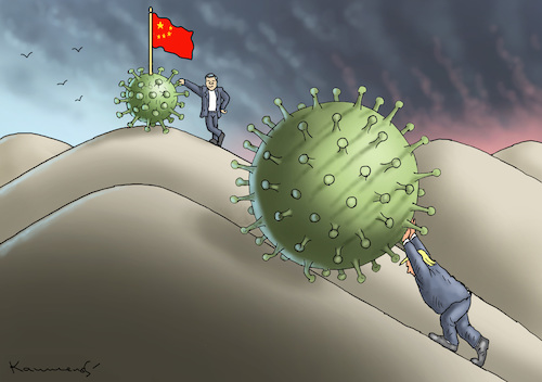 Cartoon: CHINA VERSUS USA (medium) by marian kamensky tagged coronavirus,epidemie,gesundheit,panik,stillegung,trump,pandemie,coronavirus,epidemie,gesundheit,panik,stillegung,trump,pandemie