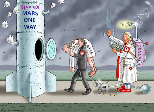 Cartoon: DEMOKRATIE-REMIGRATOR MUSK (medium) by marian kamensky tagged trump,und,der,hurrikan,milton,musk,tesla,spacex,mars,faschismus,trump,und,der,hurrikan,milton,musk,tesla,spacex,mars,faschismus