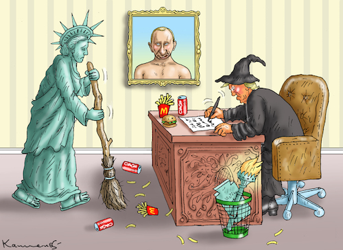 Cartoon: FULLTIME-JOB OF LADY LIBERTY (medium) by marian kamensky tagged trump,und,der,hurrikan,milton,us,wahlen,trump,und,der,hurrikan,milton,us,wahlen