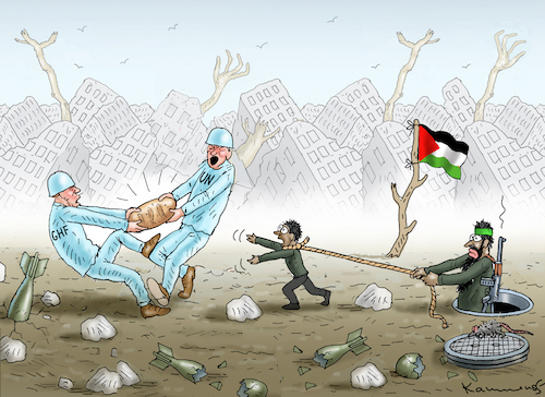 Cartoon: GHF VS UN (medium) by marian kamensky tagged humanitarian,aid,netanyahu,gaza,hamas,un,ghf,humanitarian,aid,netanyahu,gaza,hamas,un,ghf