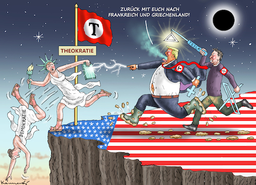 Cartoon: GOTTESSTAAT TRUMPISTAN (medium) by marian kamensky tagged musk,trump,zuckerberg,bezos,felon,and,elon,in,panama,inauguratin,gottesstaat,trumpistan,tesla,musk,trump,zuckerberg,bezos,felon,and,elon,in,panama,inauguratin,gottesstaat,trumpistan,tesla