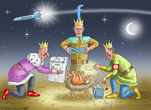 Cartoon: HEILIGE NACHT (medium) by marian kamensky tagged musk,trump,zuckerberg,bezos,musk,trump,zuckerberg,bezos