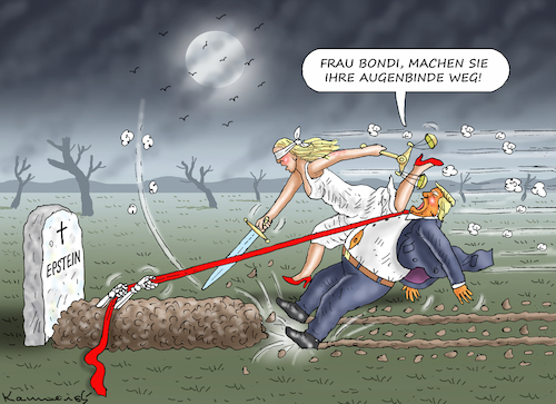 Cartoon: HILFSBEREITE JUSTIZMINISTERIN BO (medium) by marian kamensky tagged hilfsbereite,justizministerin,bondi,epstein,akte,hilfsbereite,justizministerin,bondi,epstein,akte