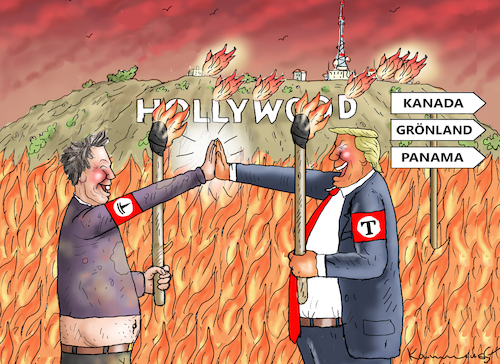 Cartoon: HOLLYWOODS BRANDSTIFTER (medium) by marian kamensky tagged musk,trump,zuckerberg,bezos,felon,and,elon,in,panama,musk,trump,zuckerberg,bezos,felon,and,elon,in,panama