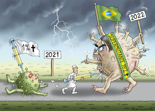 Cartoon: INVASION NACH BRASILIEN ! (medium) by marian kamensky tagged bolsonaro,brasilien,corona,amazonas,regenwald,pandemie,mutanten,bolsonaro,brasilien,corona,amazonas,regenwald,pandemie,mutanten