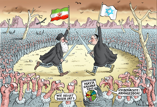 Cartoon: Israel vs Iran in Armageddon (medium) by marian kamensky tagged krieg,israel,iran,iran,israel,krieg