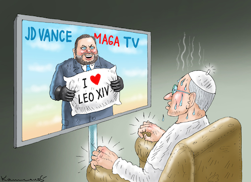 Cartoon: ERSTICKUNGSKISSEN (medium) by marian kamensky tagged jd,vance,loves,leo,xiv,papst,vatican,jd,vance,loves,leo,xiv,papst,vatican