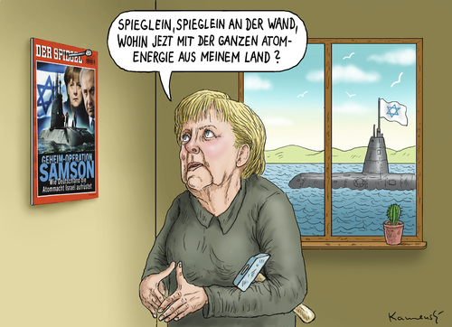 Cartoon: Merkel im Spiegel (medium) by marian kamensky tagged angela,merkel,atomenergie,uboote,an,israel,der,spiegel,merkel,atomenergie,uboote,israel,der spiegel,samson,der,spiegel