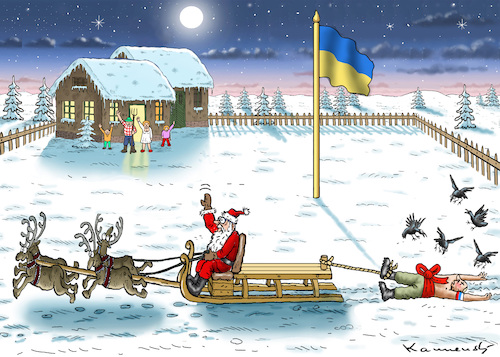 Cartoon: MERRY CHRISTMAS-UKRAINE! (medium) by marian kamensky tagged flucht,aus,cherson,putin,energieterror,ukraine,flucht,aus,cherson,putin,energieterror,ukraine