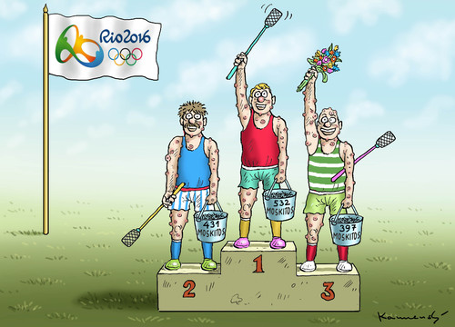 Cartoon: MOSKITO DISZIPLIN (medium) by marian kamensky tagged rio,2016,zika,virus,olympische,spiele,rio,2016,zika,virus,olympische,spiele