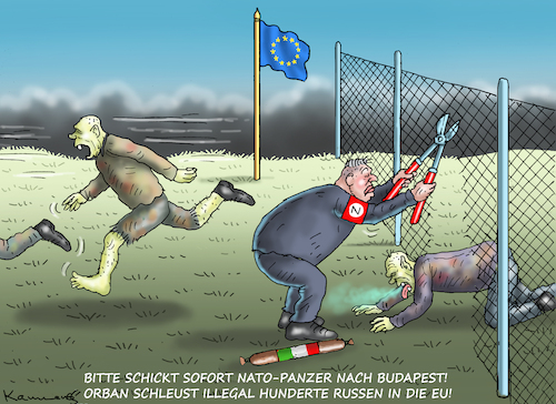 Cartoon: NATO-PANZER NACH BUDAPEST (medium) by marian kamensky tagged neuer,eu,ratspräsident,orban,neuer,eu,ratspräsident,orban