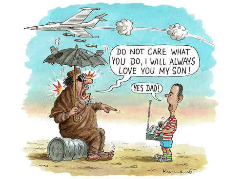 Cartoon: Obama-The Son of Gaddafi (medium) by marian kamensky tagged humor,libyen,gaddafi,krieg