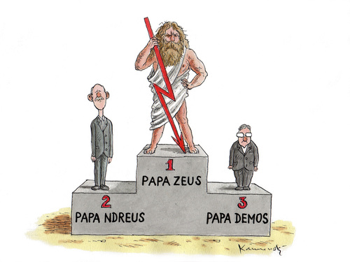 Cartoon: Papademos (medium) by marian kamensky tagged greece,destiny,european,union,financial,crisis,papademos,papamdreus,zeus,griechenland