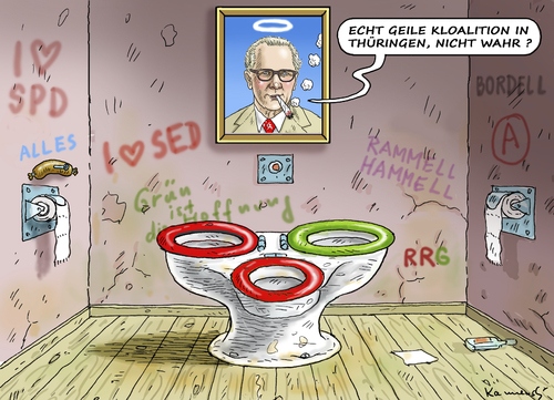 Cartoon: ROTROTGRÜNE KLOALITION (medium) by marian kamensky tagged thüringen,grünen,spd,sed,kloalition,rotrotgrüne,erfurt,rotrotgrüne,kloalition,sed,spd,grünen,thüringen,erfurt