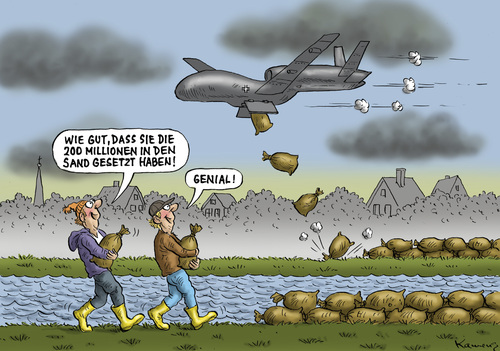 Cartoon: Sinnflutartiger Euro Hawk (medium) by marian kamensky tagged flut,eurohawk,verteidigundsminister,de,meizere,flut,eurohawk,verteidigundsminister,de,meizere