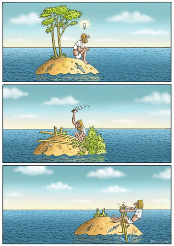 Cartoon: Solution (medium) by marian kamensky tagged schwarzer,humor,einsame,insel,paddeln,rettung,einsame insel,insel,verschollen,gestrandet,alleine,boot,kreativität,einsame