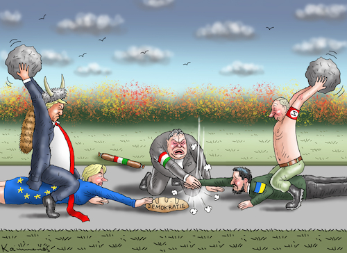 Cartoon: STEINZEITALTER VERSUS DEMOKRATIE (medium) by marian kamensky tagged blockierer,orban,blockierer,orban