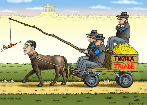 Cartoon: TRIADE (medium) by marian kamensky tagged alexis,tsipras,griechenland,rettungsschirm,troika,eu,griechowestern,alexis,tsipras,griechenland,rettungsschirm,troika,eu,griechowestern