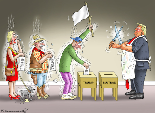 Cartoon: TRUMP ODER BLUTBAD (medium) by marian kamensky tagged trump,oder,blutbad,harris,wahlen,usa,biden,trump,oder,blutbad,harris,wahlen,usa,biden