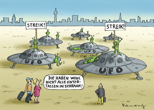 Cartoon: UFO-Lufthansa Streik (medium) by marian kamensky tagged lufthansa,streik,ufo,grüne,männchen,gewerkschaften,lufthansa,streik,ufo,grüne,männchen,gewerkschaften