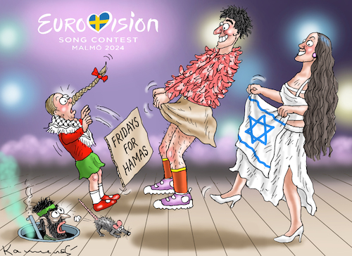 Cartoon: ZIVILISATION IST DER ESC-SIEGER (medium) by marian kamensky tagged esc,mit,greta,hamas,thunberg,esc,mit,greta,hamas,thunberg